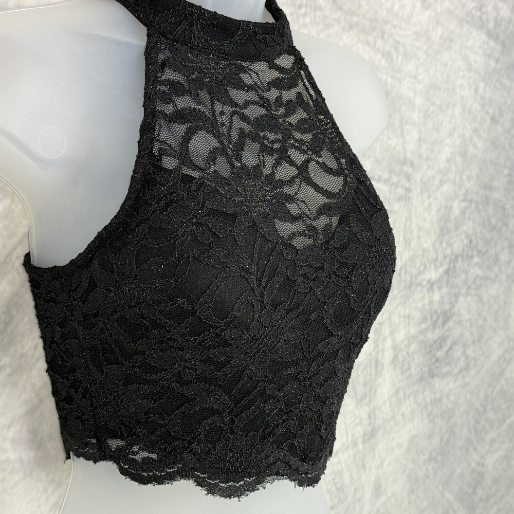 City Studio Black Lace Halter‎ Cropped Top Size 7 Sparkle Whimsigoth goth witchy